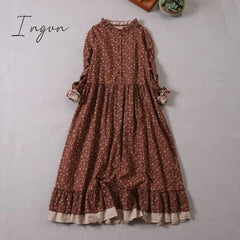 Ingvn - Japanese Mori Girl Art Print Dress Autumn New Floral Loose Long - Sleeved Long Sleeve Red /