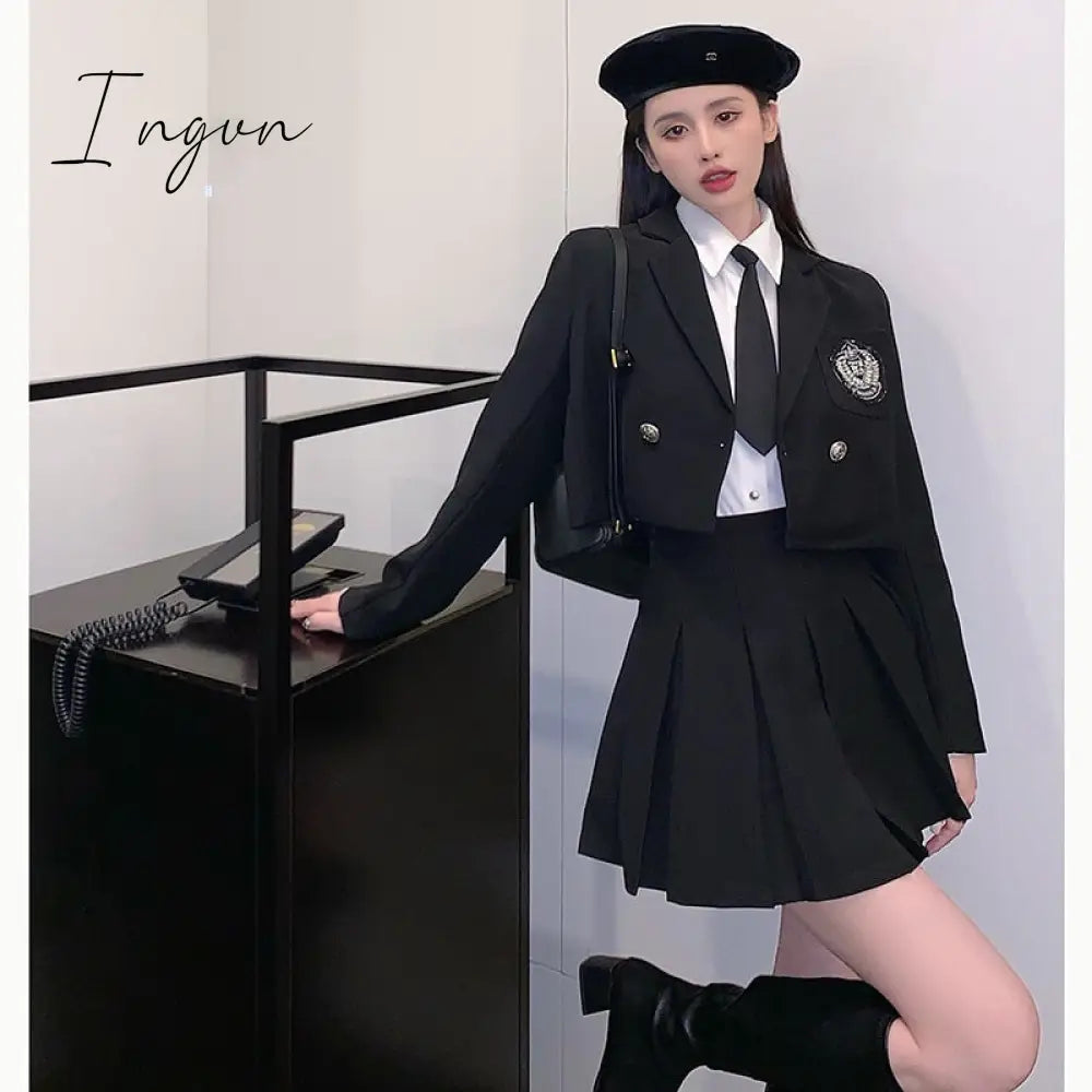 Ingvn - Jk Blazer Skirt Set Female Short Suit Jacket + Pleated Spring Autumn Professional Wear