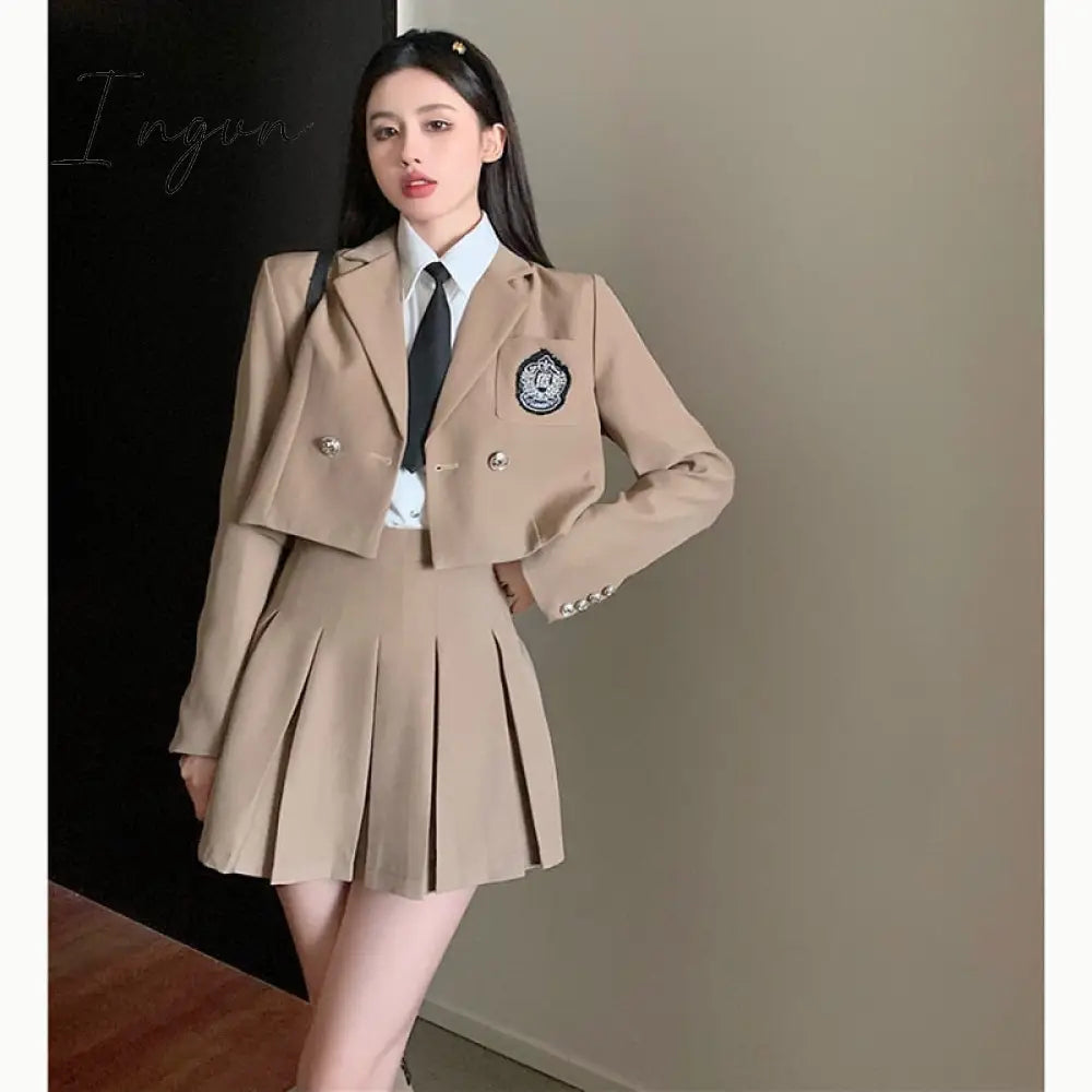 Ingvn - Jk Blazer Skirt Set Female Short Suit Jacket + Pleated Spring Autumn Professional Wear