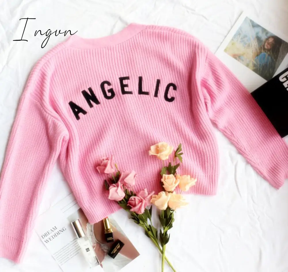 Ingvn - Kawaii Fairycore Pink Sweater Women Aesthetic Streetwear Long Sleeve Crop Tops Y2K E - Girl