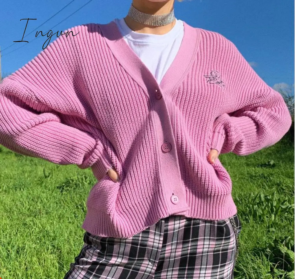 Ingvn - Kawaii Fairycore Pink Sweater Women Aesthetic Streetwear Long Sleeve Crop Tops Y2K E - Girl