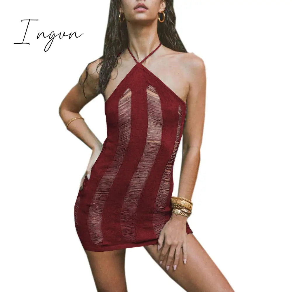 Ingvn - Knit Sexy Hollow Out Halter Women Dress Black Backless High Waist Mini Summer Skinny