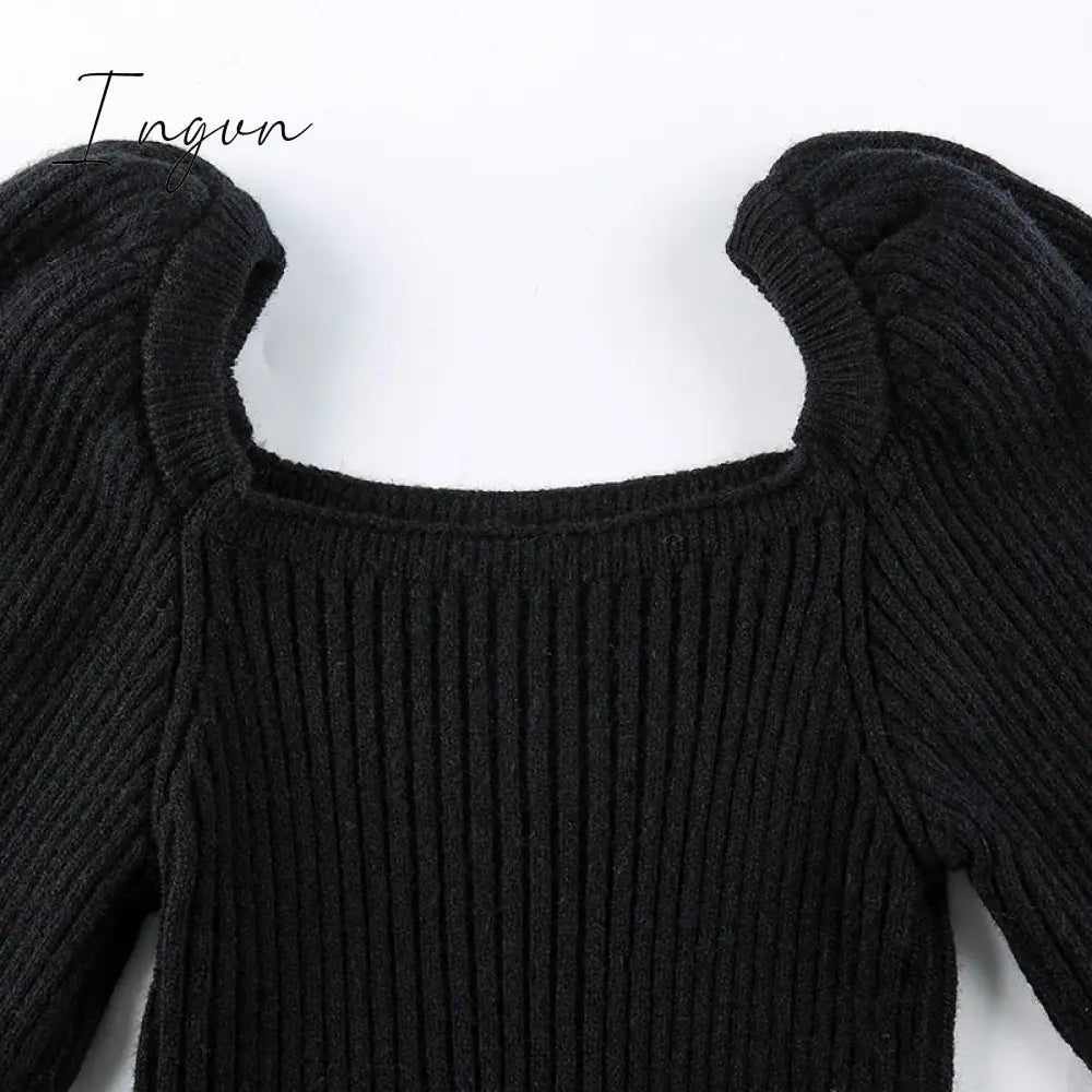 Ingvn - Knitted Women’s Sweater Vintage Pullover Long Puff Sleeve Pink Square Neck Top Korean