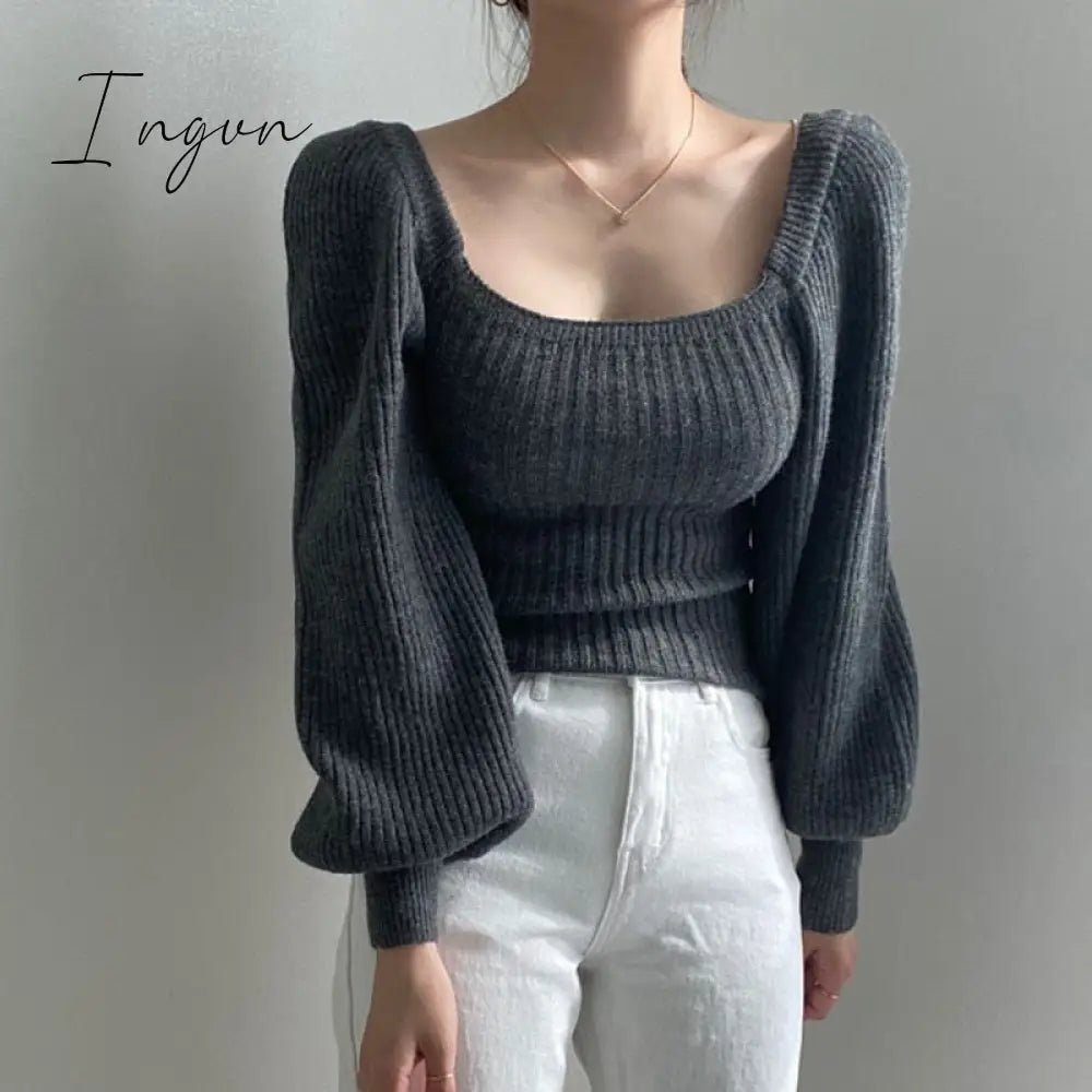 Ingvn - Knitted Women’s Sweater Vintage Pullover Long Puff Sleeve Pink Square Neck Top Korean