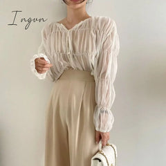 Ingvn - Korean Fashion Pleated Casual Blouse Women Summer New Loose Folds Perspective Chiffon Shirt