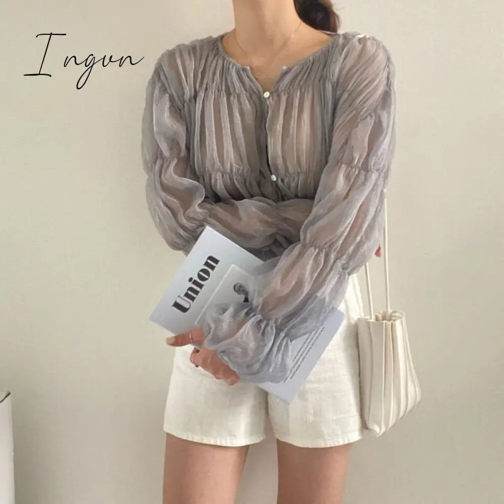 Ingvn - Korean Fashion Pleated Casual Blouse Women Summer New Loose Folds Perspective Chiffon Shirt