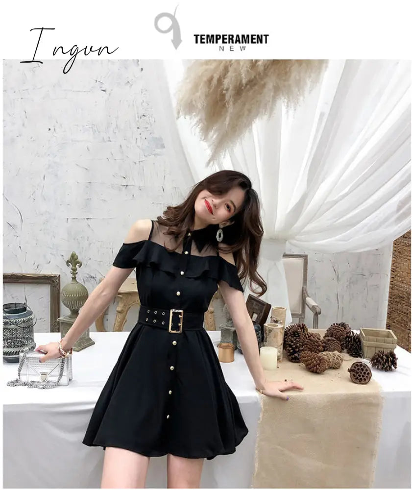 Ingvn - Korean Ol New Single Breasted Women Summer Dress Sweet Chic Black Office Work Short Mini