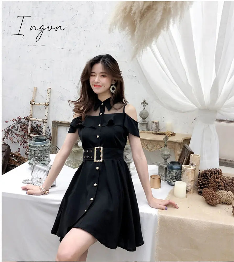 Ingvn - Korean Ol New Single Breasted Women Summer Dress Sweet Chic Black Office Work Short Mini