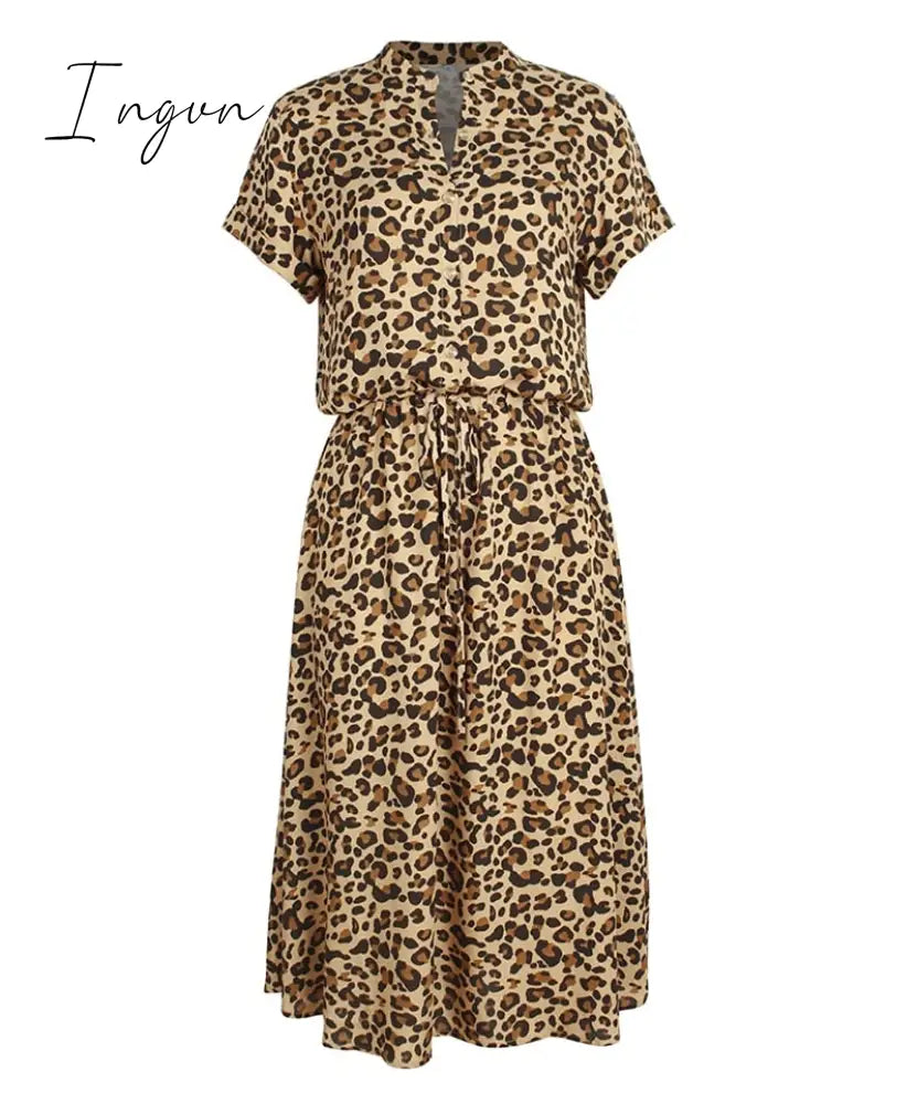 Ingvn - Ladies Bohemian Leopard Print Shirt Dress Women Casual Midi Holiday Summer Female A-Line