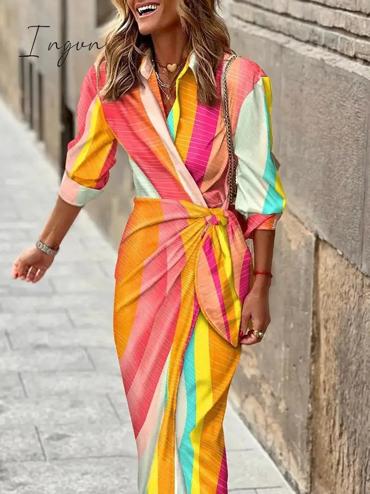 Ingvn - Ladies Elegant V-Neck Tie Waist Print Dress Colour / S