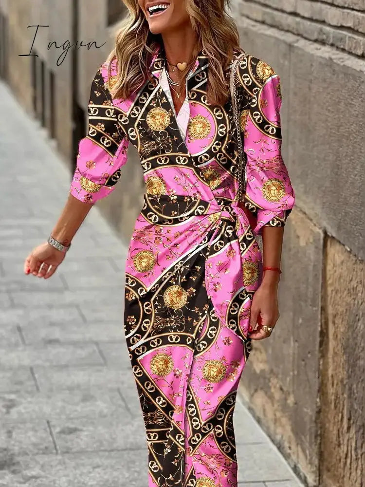 Ingvn - Ladies Elegant V-Neck Tie Waist Print Dress Fuchsia / S