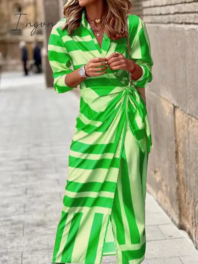 Ingvn - Ladies Elegant V-Neck Tie Waist Print Dress Green / S