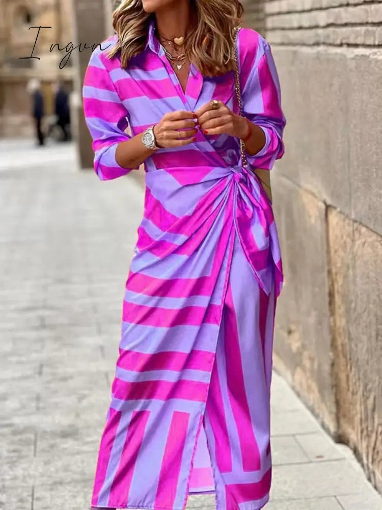 Ingvn - Ladies Elegant V-Neck Tie Waist Print Dress Purple / S