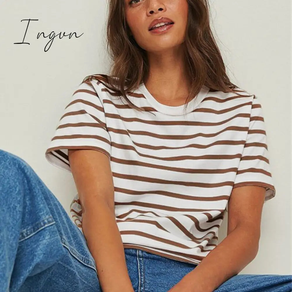 Ingvn - Ladies Loose Cotton Summer Short Sleeve O Neck Striped Basic T-Shirts Women T Shirt Casual