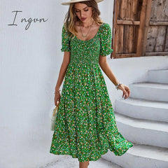Ingvn - Ladies Sexy Vintage Floral Print Boho Summer Dress Women Casual Elastic Bohemian Beach