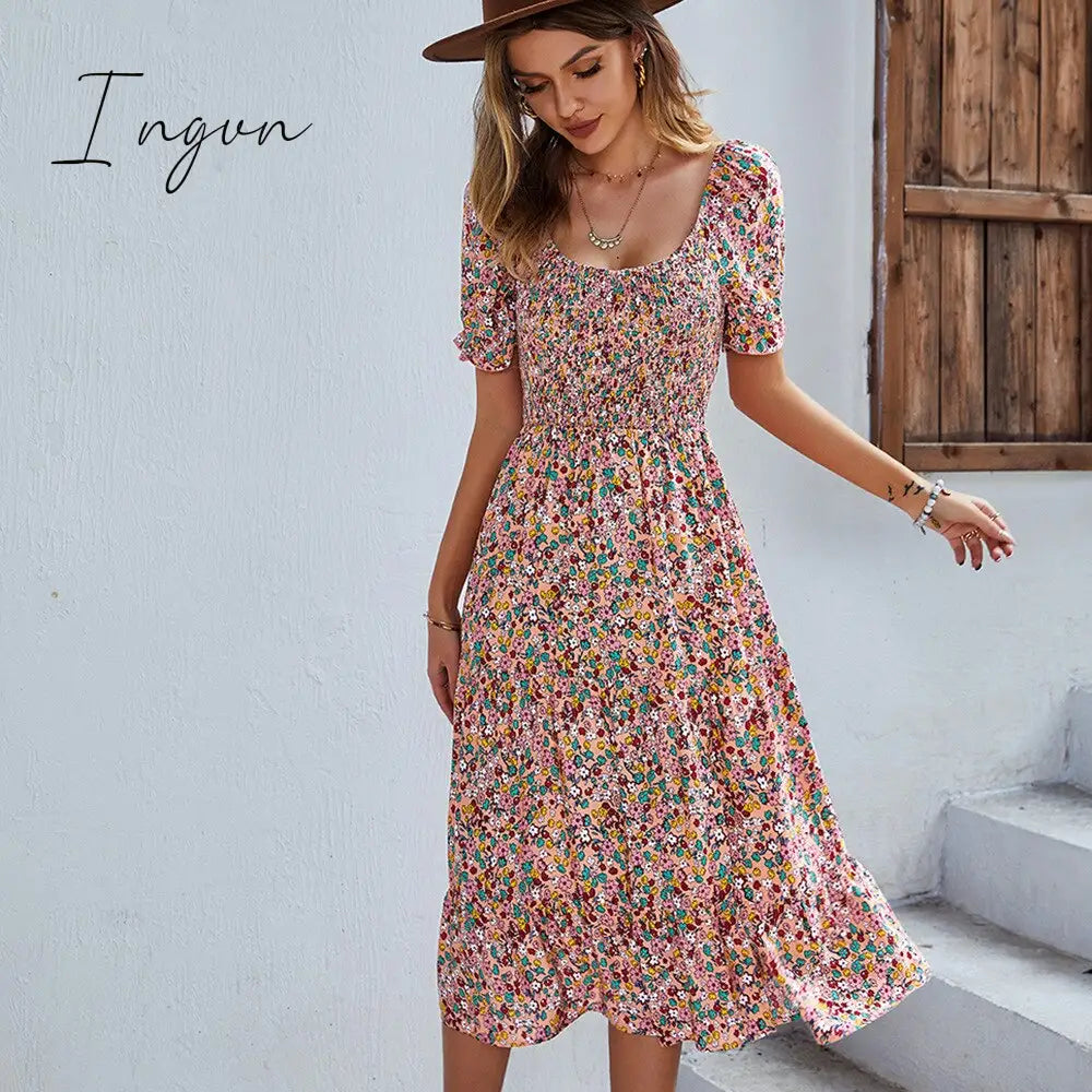 Ingvn - Ladies Sexy Vintage Floral Print Boho Summer Dress Women Casual Elastic Bohemian Beach