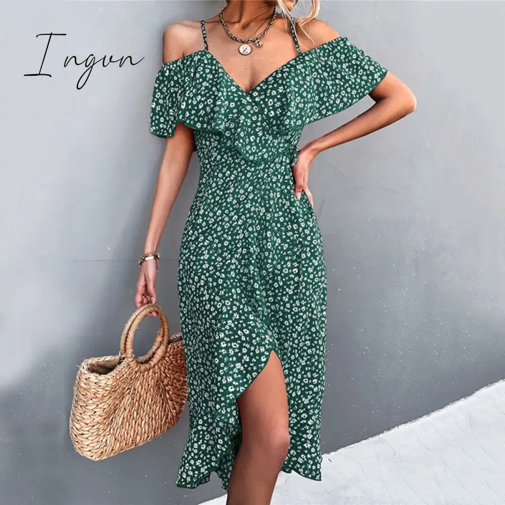 Ingvn - Ladies Spring Summer Sexy Straps Dress Women Green Off Shoulder Ruffles Casual Beach