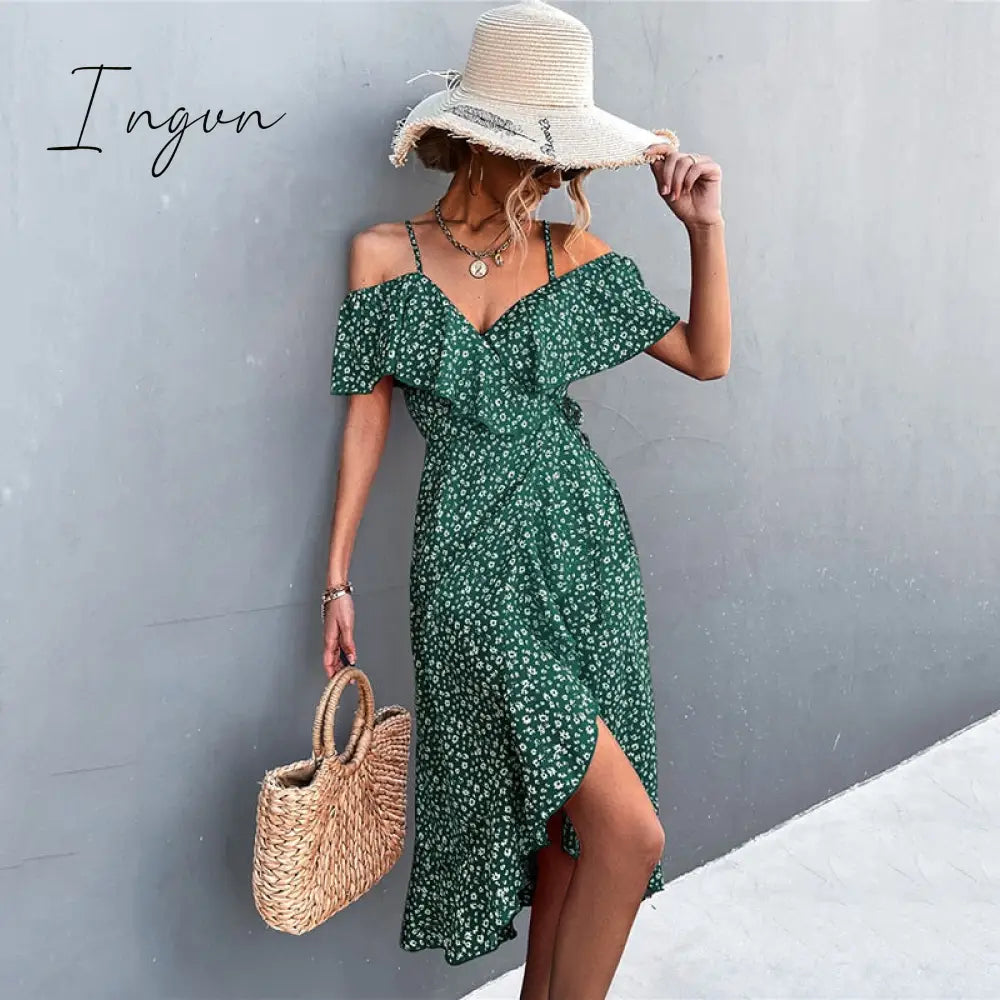 Ingvn - Ladies Spring Summer Sexy Straps Dress Women Green Off Shoulder Ruffles Casual Beach