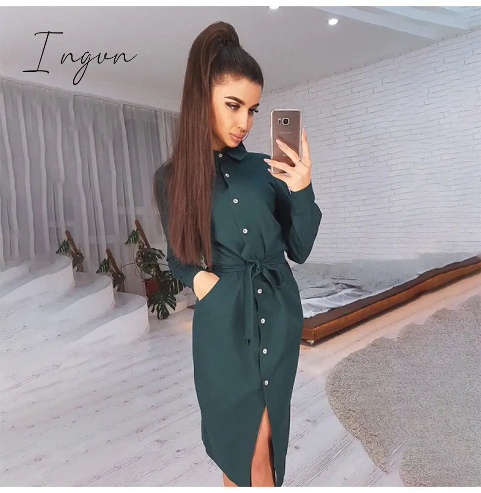 Ingvn - Lady Office Dress Autumn Long Sleeve Shirt Fashion Turn-Down Collar Single-Breasted Party
