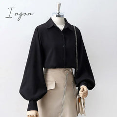Ingvn - Lantern Sleeves Vintage Shirts Women Elegant White Womens Blouse With Lush Fashion Button