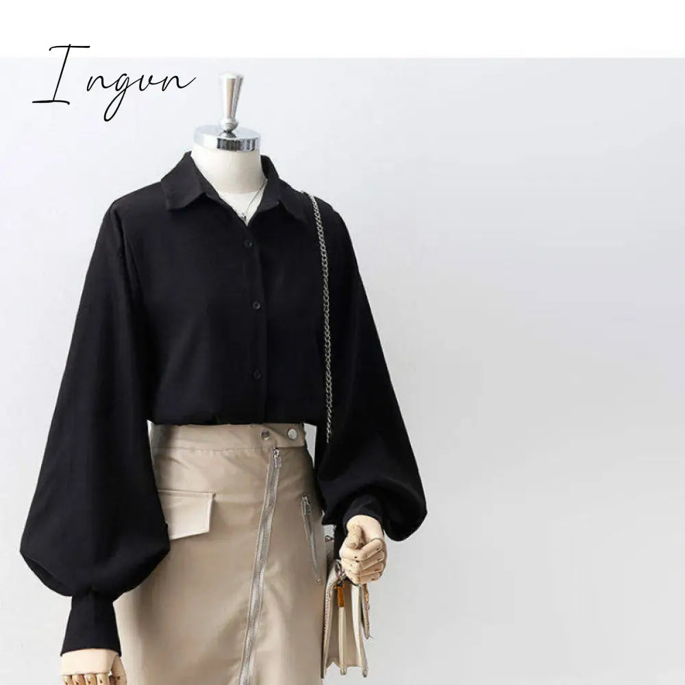 Ingvn - Lantern Sleeves Vintage Shirts Women Elegant White Womens Blouse With Lush Fashion Button