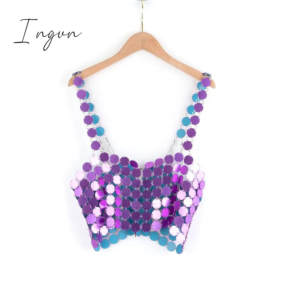 Ingvn - Leqoel Women Sequined Tank Tops For Fashion Female Clothing Shiny Metal Shoulder Strap Sexy