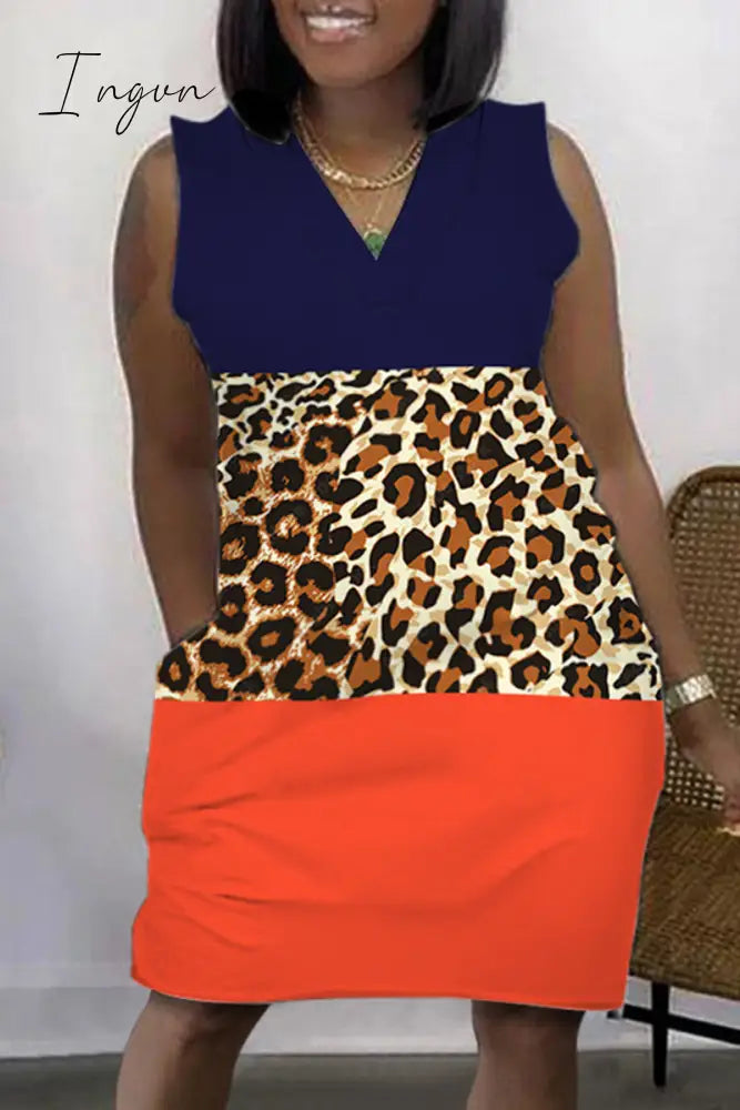 Ingvn - Light Coffee Casual Print Patchwork V Neck Sleeveless Dress Dresses Leopard / S Dresses Midi