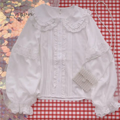Ingvn - Lolita Shirt White Elegant Women Preppy Style Blouses Cute Peter Pan Collar Lace Ruffle Jk