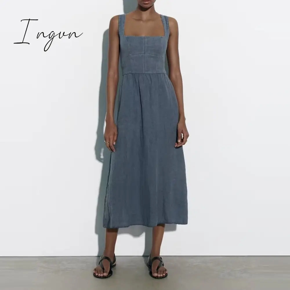 Ingvn - Long Dress Woman Solid Linen Sleeveless Frilly Dresses Summer Party Female 2023 Midi