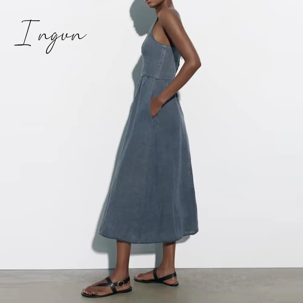Ingvn - Long Dress Woman Solid Linen Sleeveless Frilly Dresses Summer Party Female 2023 Midi