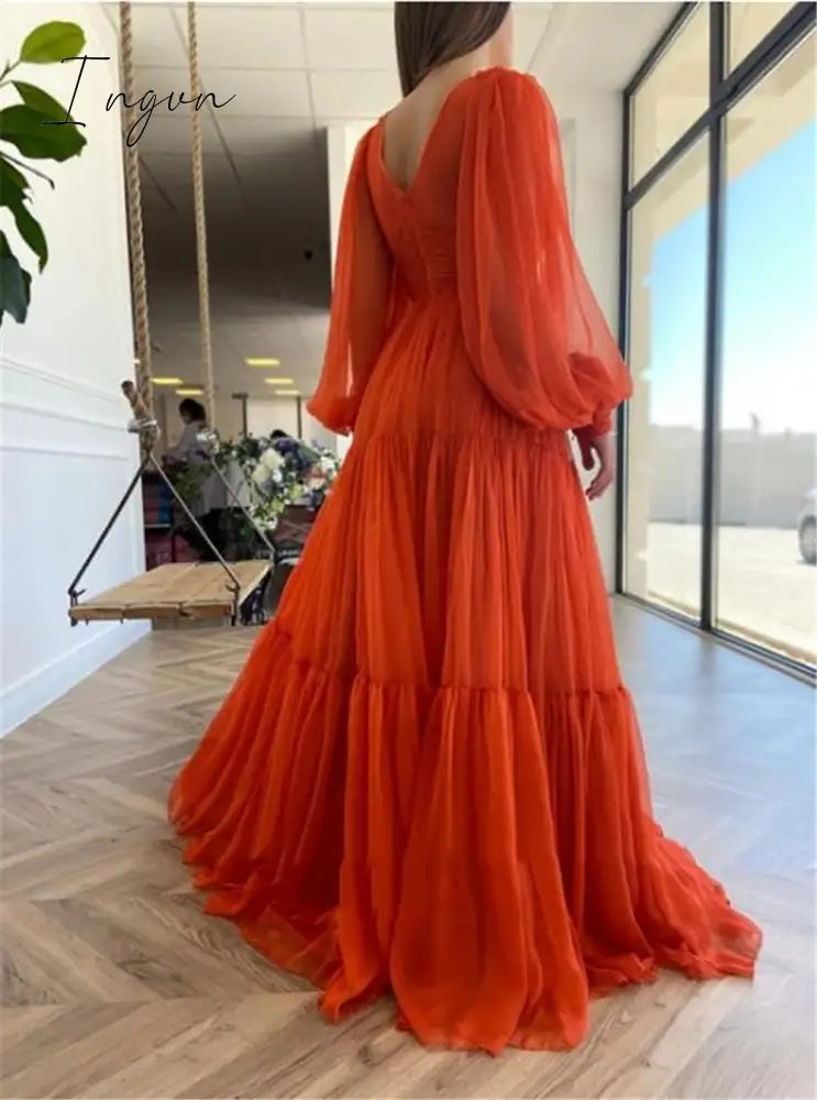 Ingvn - Long Puff Sleeves Prom Dresses V - Neck Pleats Chiffon Princess Evening Gowns Women Party