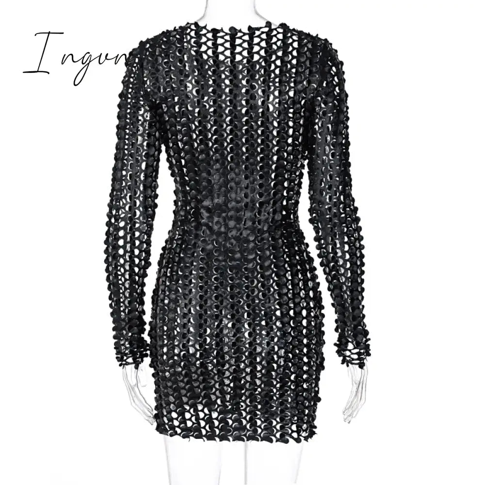 Ingvn - Long Sleeve Cut Out Solid Skinny Sexy Mini Dress Autumn Winter Women Fashion Party Club