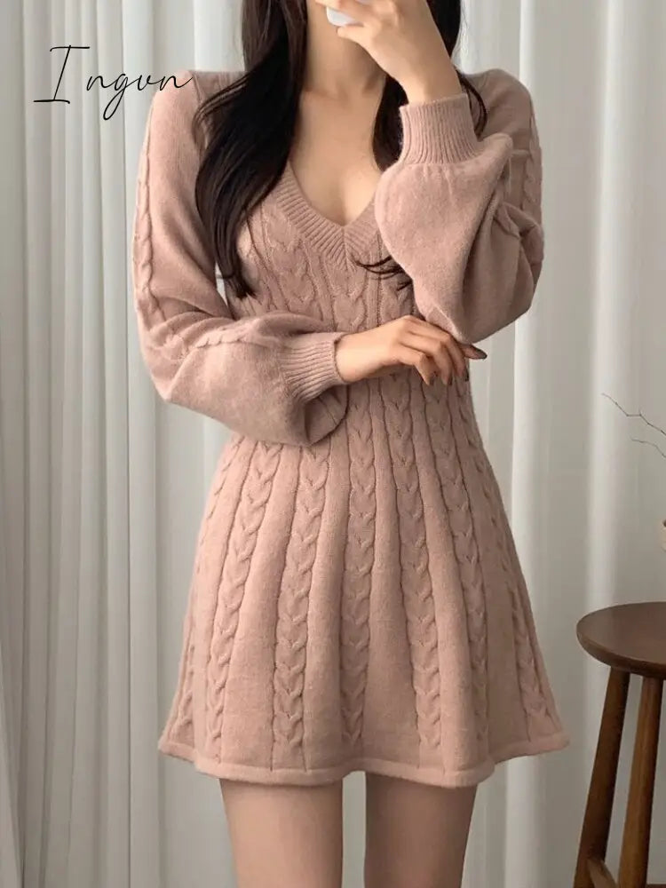 Ingvn - Long Sleeve Elegant Pink Mini Knit Dress Women Autumn Winter Solid Color A-Line Puff Sweet