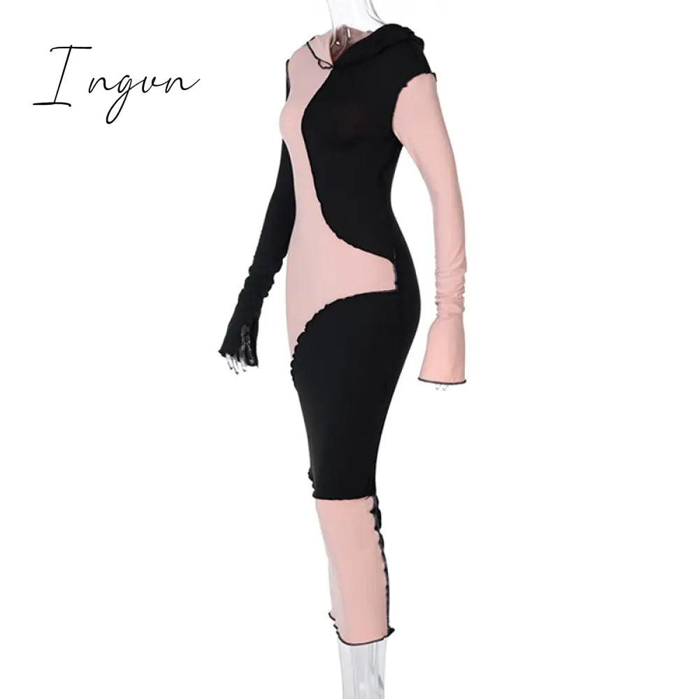 Ingvn - Long Sleeve Hooded Patchwork Skinny Maxi Dress Autumn Winter Women Fashion Streetwear