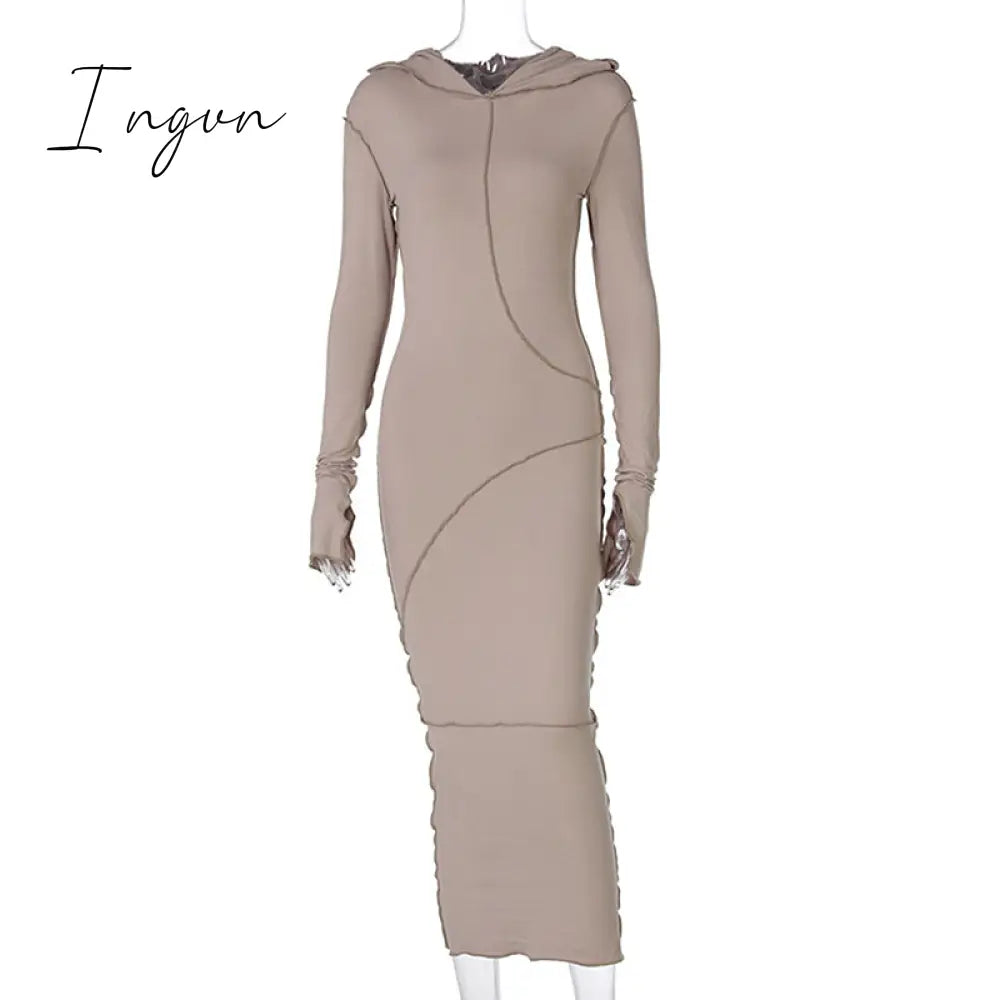 Ingvn - Long Sleeve Hooded Patchwork Skinny Maxi Dress Autumn Winter Women Fashion Streetwear