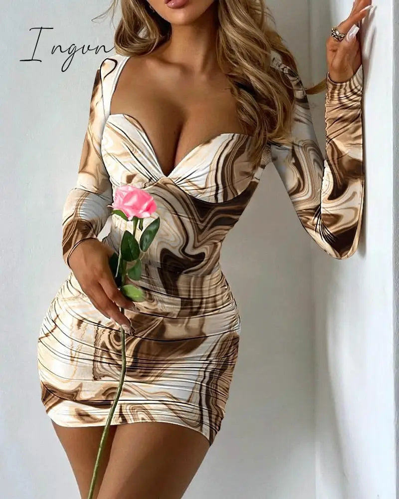 Ingvn - Long Sleeve Mini Dresses Women Basic Party Evening Clubwear Outfits Fall V Neck Sexy