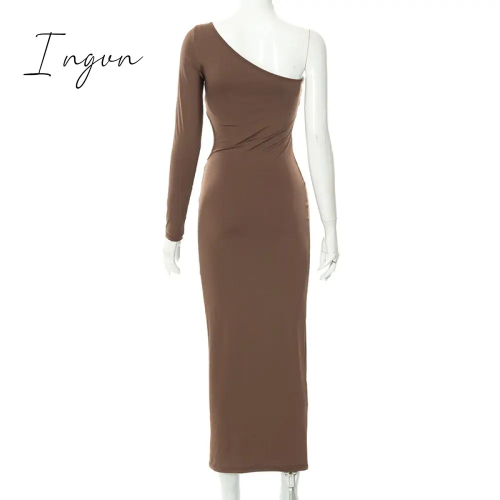 Ingvn - Long Sleeve One Shoulder Sexy Maxi Dress For Women Elegant Cut Out Party Prom Evening