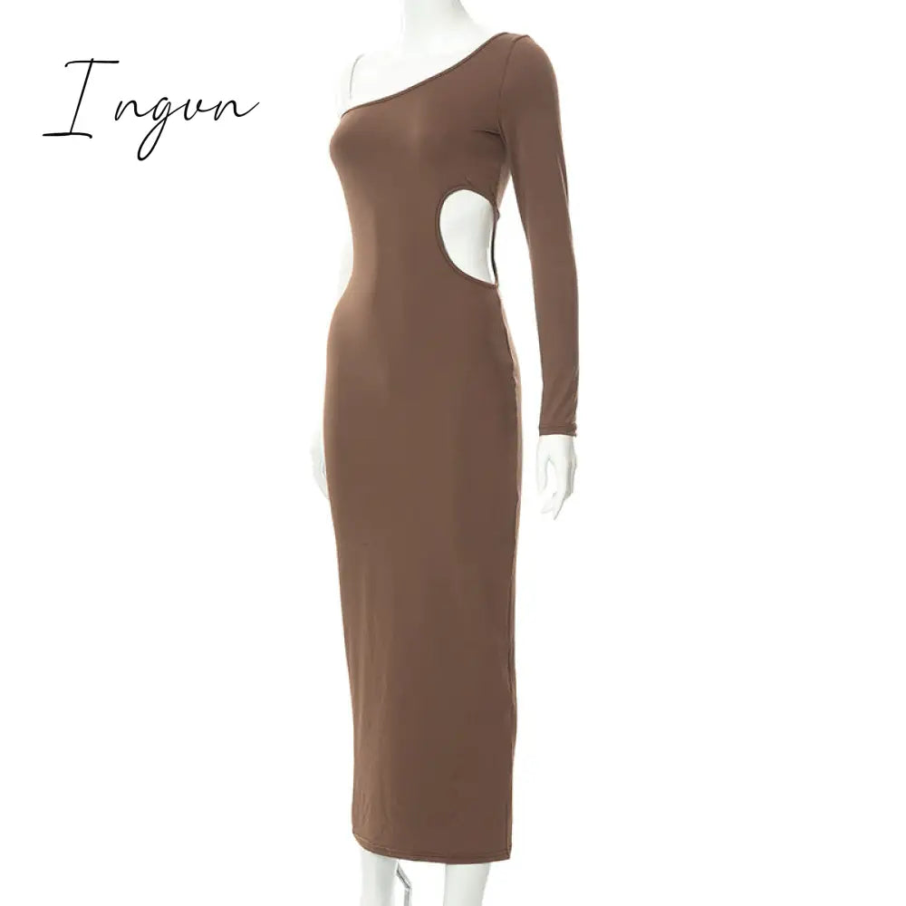 Ingvn - Long Sleeve One Shoulder Sexy Maxi Dress For Women Elegant Cut Out Party Prom Evening