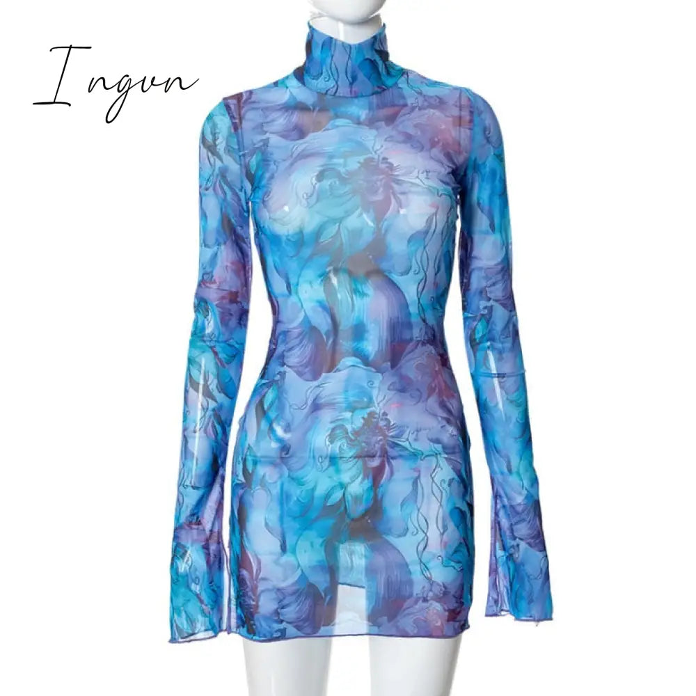 Ingvn - Long Sleeve Printed Tie Dye Bodycon Mini Dress Women Autumn Elegant Party Evening Sexy