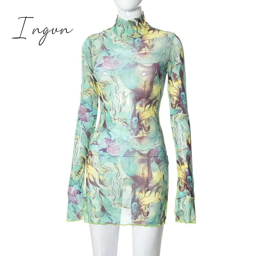 Ingvn - Long Sleeve Printed Tie Dye Bodycon Mini Dress Women Autumn Elegant Party Evening Sexy