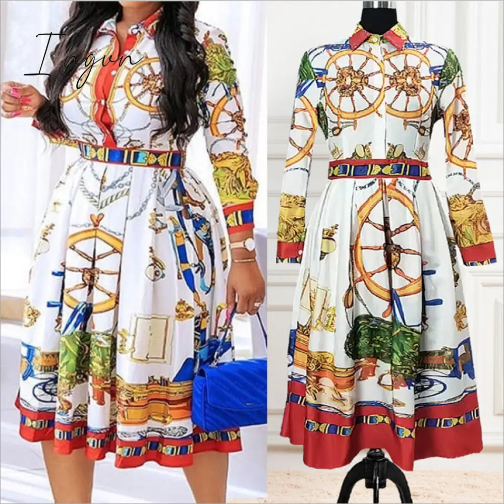Ingvn - Loose Casual Dress Printed Long Sleeve Fashion Dresses For Women England Pleated Squsre