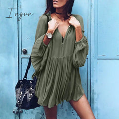 Ingvn - Loose Dress Autumn Women Long Sleeve Solid V Neck Party Casual Ruffled Pleated Vestido Robe