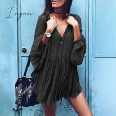Ingvn - Loose Dress Autumn Women Long Sleeve Solid V Neck Party Casual Ruffled Pleated Vestido Robe