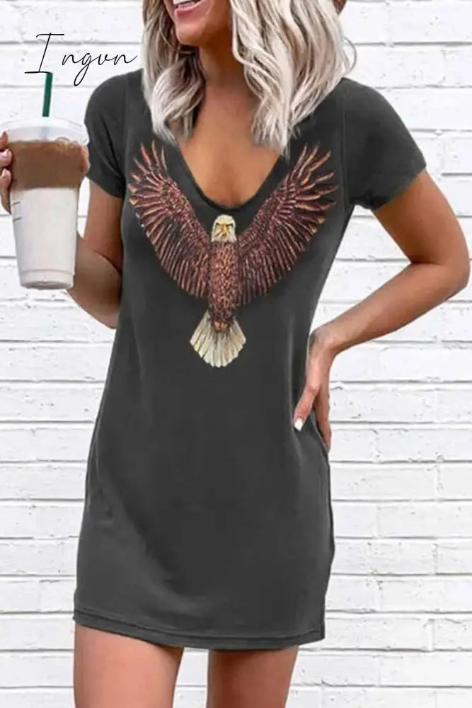 Ingvn - Loose V-Neck Eagle Print Short Sleeves Mini Dress