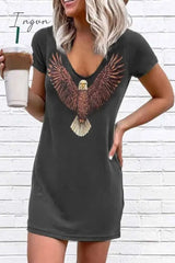 Ingvn - Loose V-Neck Eagle Print Short Sleeves Mini Dress