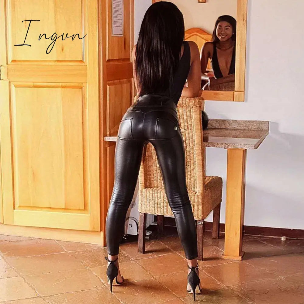 Ingvn - Melody Artificial Leather Pants High Waist Pencil Women Clothing Skinny Leggings Elastic