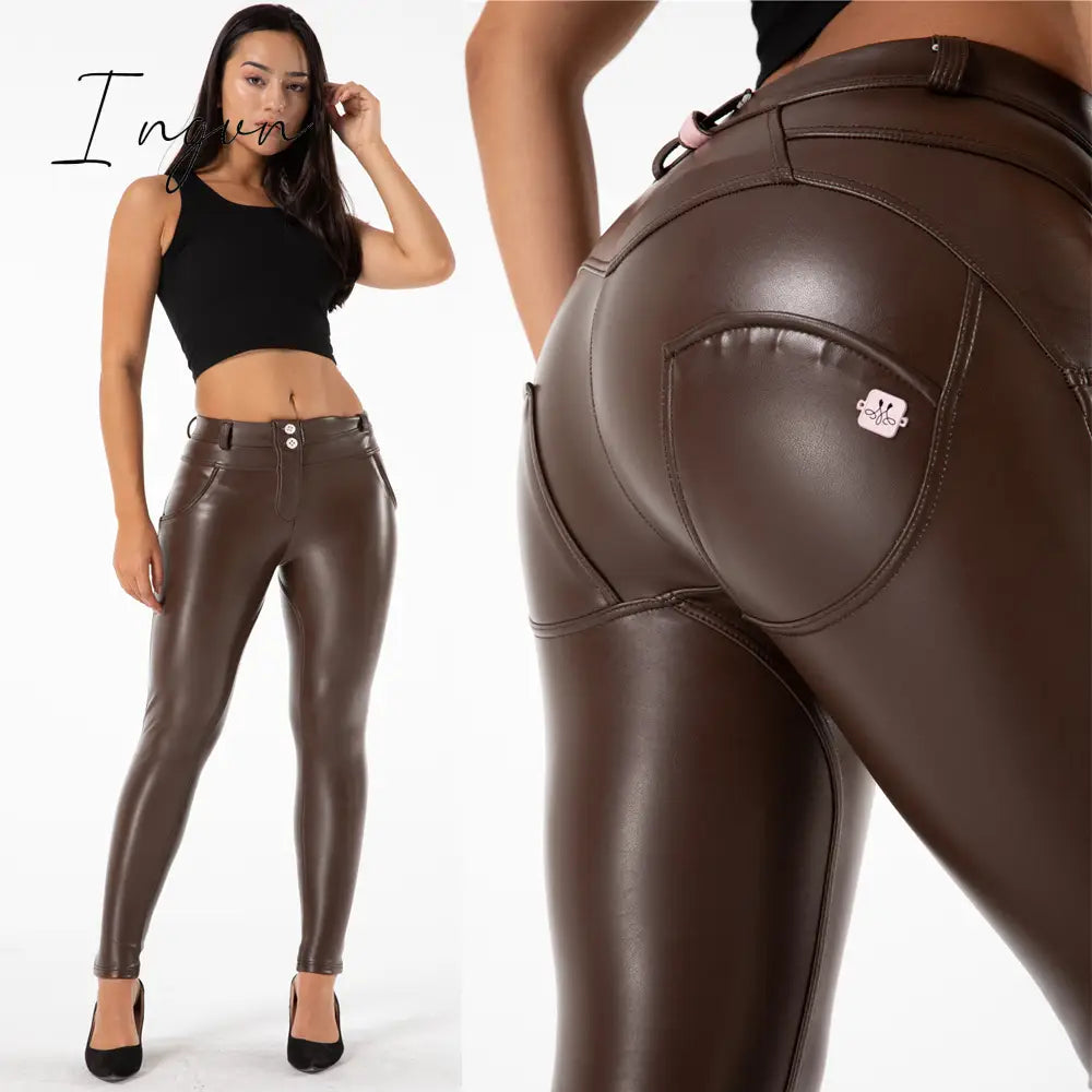 Ingvn - Melody Brown Leather Pants Vintage Trausers Women Leggings Pvc Sexy Comfortable Moto Work