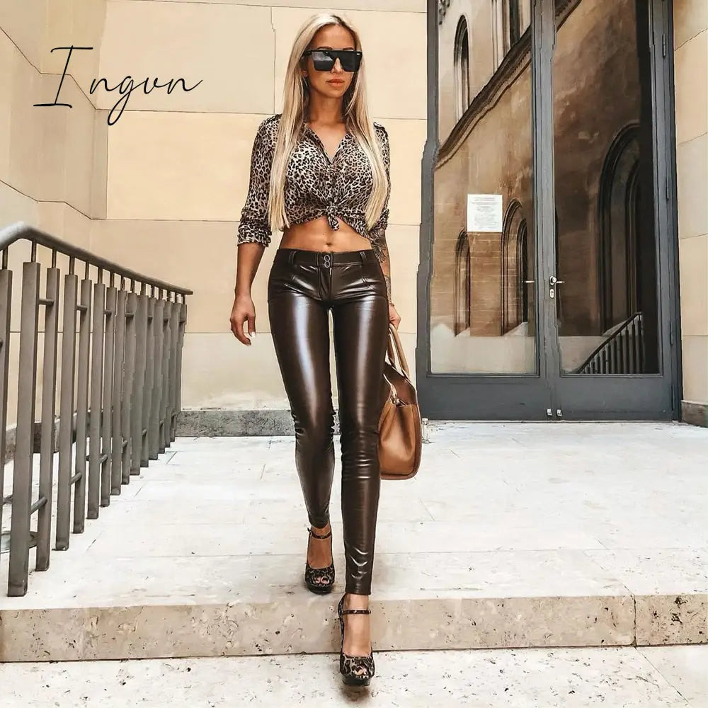 Ingvn - Melody Brown Leather Pants Vintage Trausers Women Leggings Pvc Sexy Comfortable Moto Work