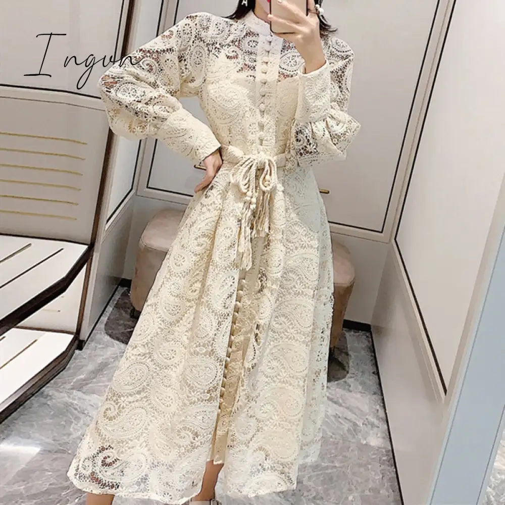 Ingvn - Midi Dress Luxury Elegant A - Line Party Belt Hollow Out Lace Embroidery Dresses Women