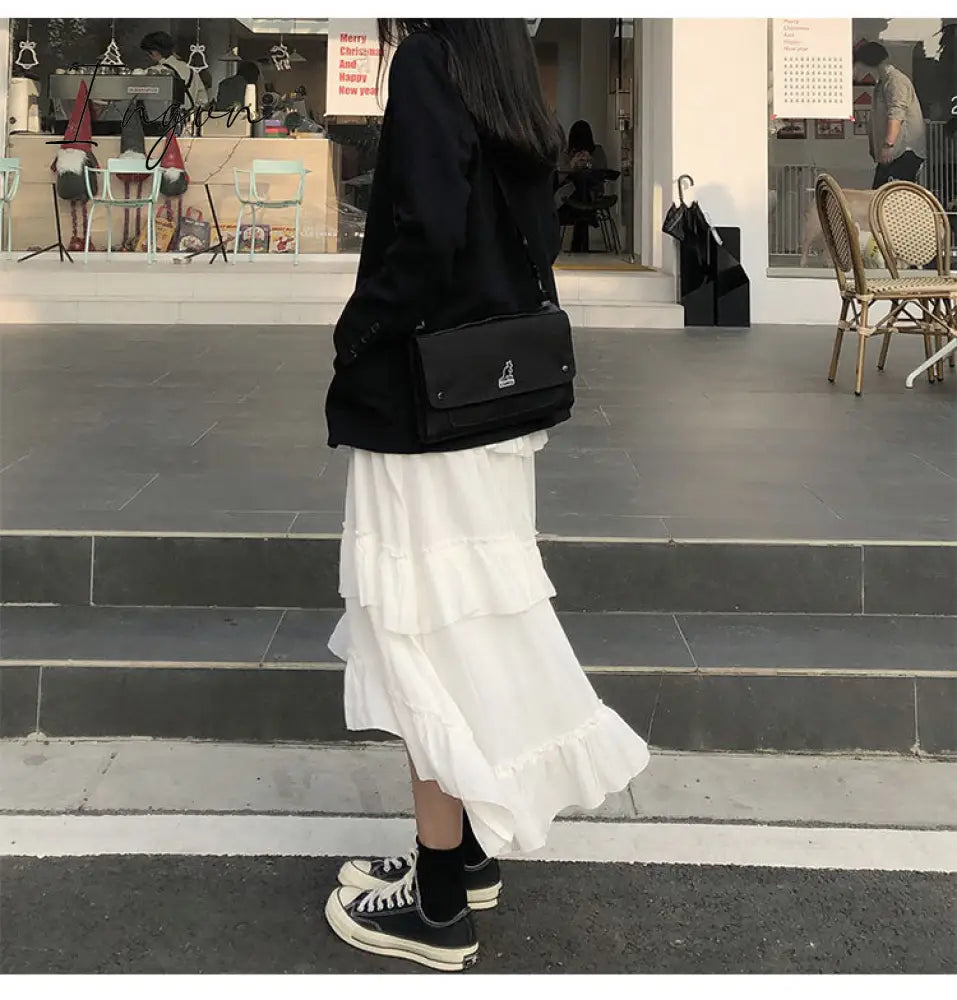 Ingvn - Midi Long Skirts Womens Maxi Skirt Goth Lolita Summer High Waisted Asymmetrical Low Ruched